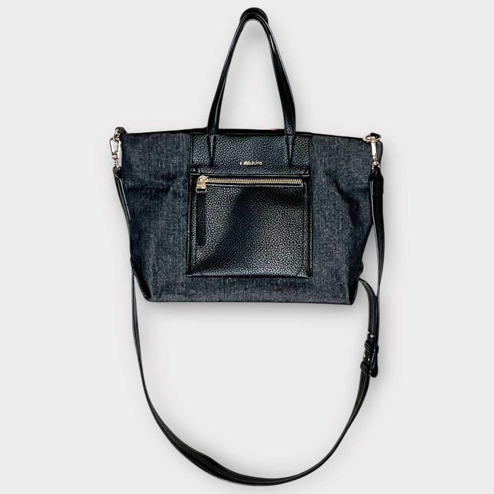 ABBACINO black leather & denim medium crossbody tote gold hardware casual purse